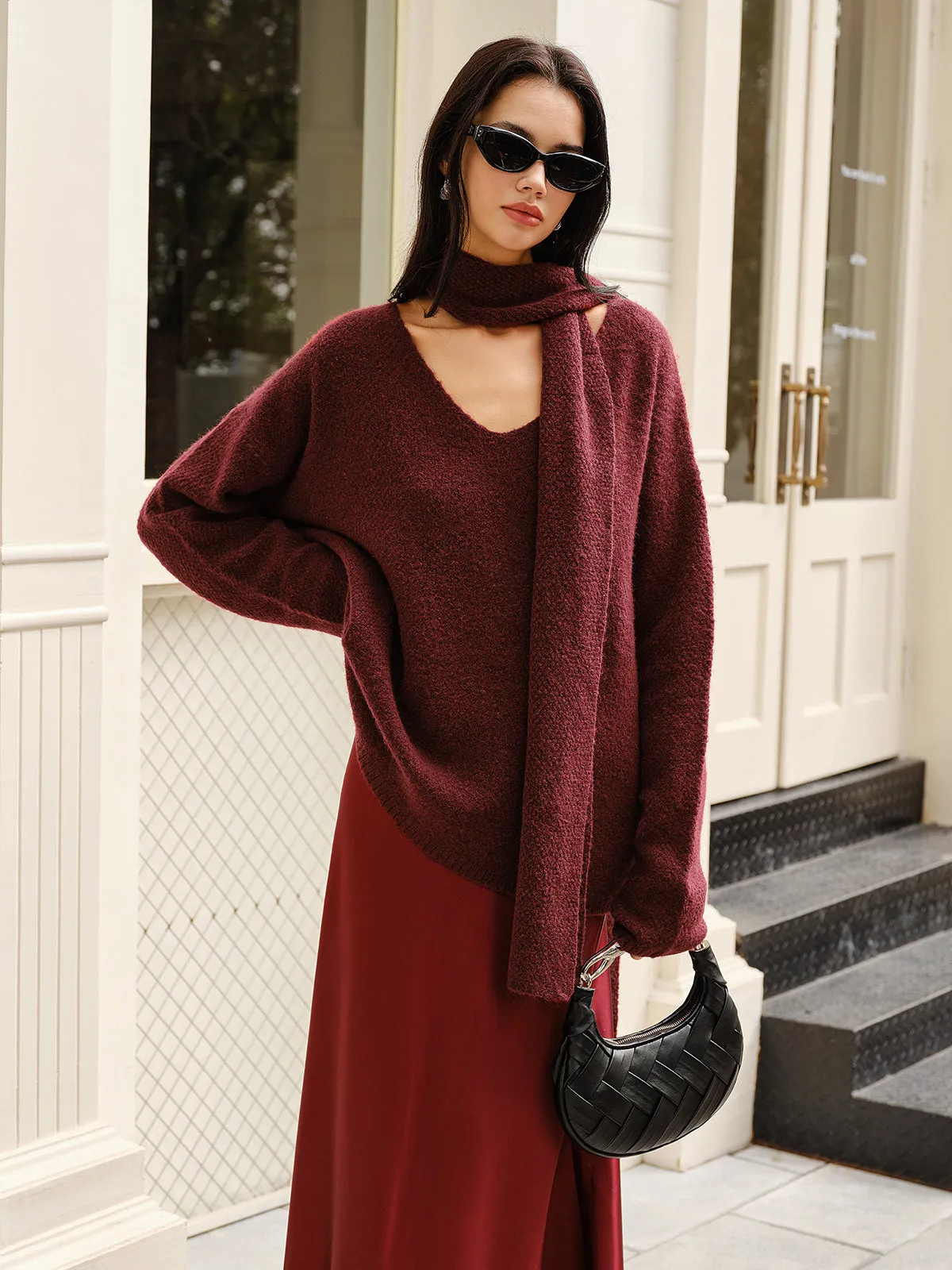 Wool-Blend Loose Sweater With Matching Scarf