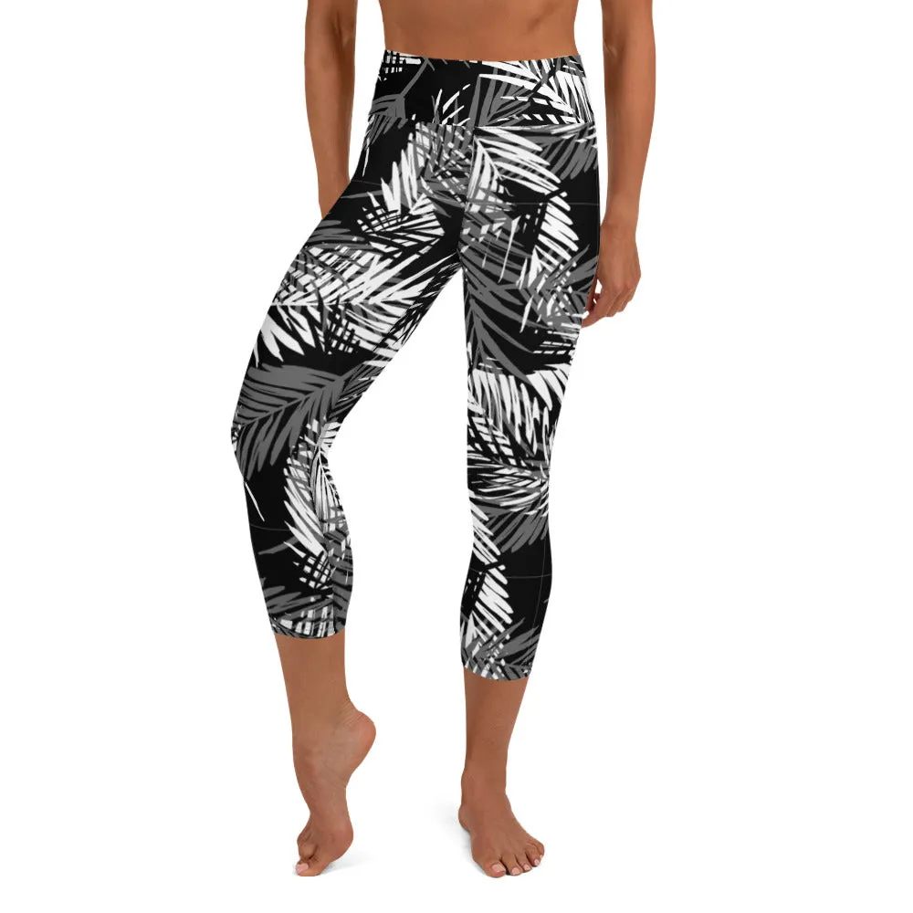 Yoga Capri Leggings in Mono Tone Tropical Palm Print