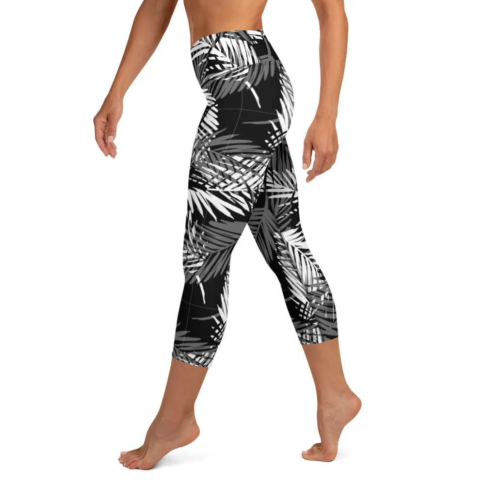 Yoga Capri Leggings in Mono Tone Tropical Palm Print