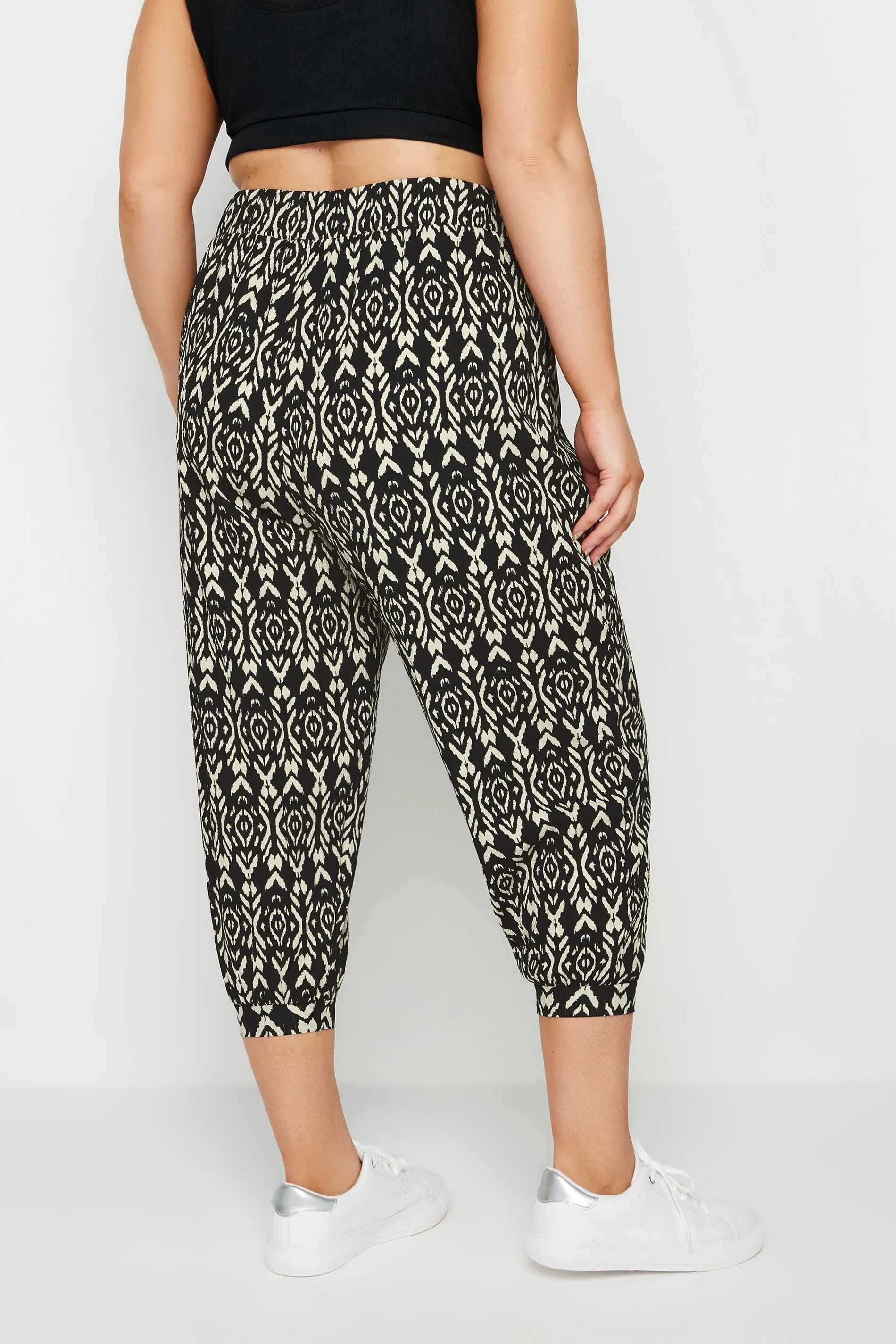 YOURS Curve Black Abstract Print Textured Cropped Harem Trousers