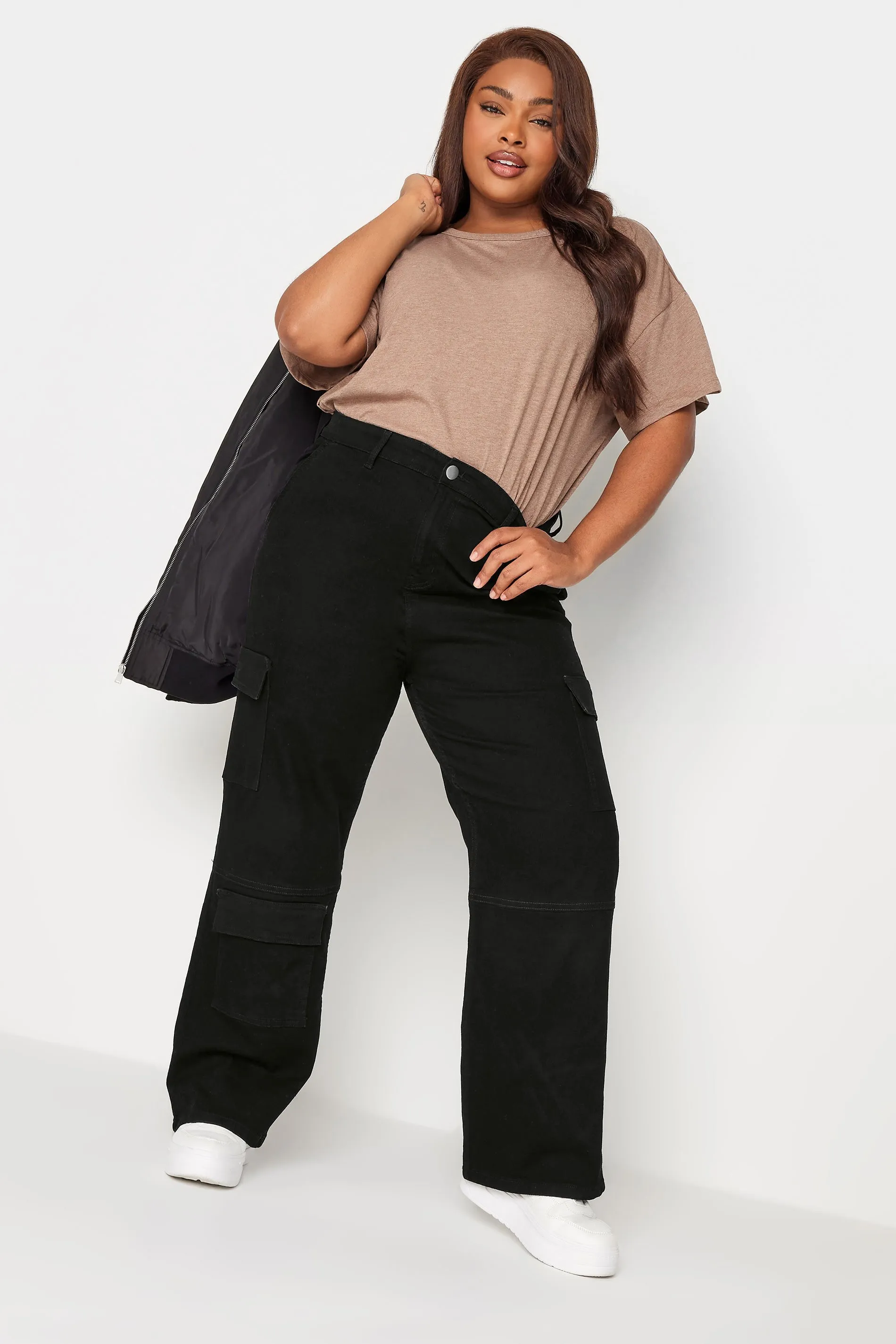 YOURS Curve Black Wide Leg Pocket Cargo Trousers