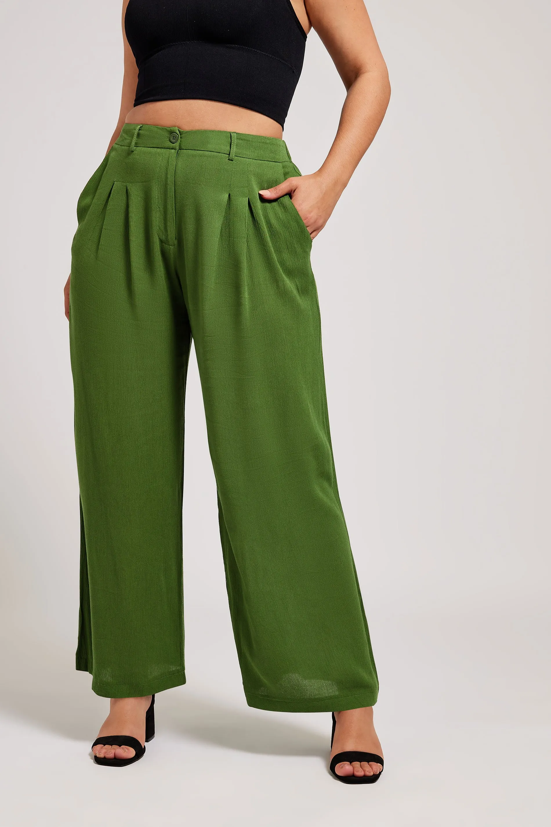 YOURS LONDON Curve Green Pleat Front Wide Leg Trousers